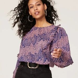 Banjanan Margot Boho Floral Ruffle Blouse In Blue Pink Small Long Sleeve